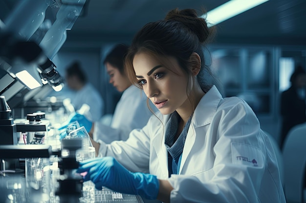 Young scientists conducting research investigations in a medical laboratory a researcher in the foreground is using a microscope Generated with AI