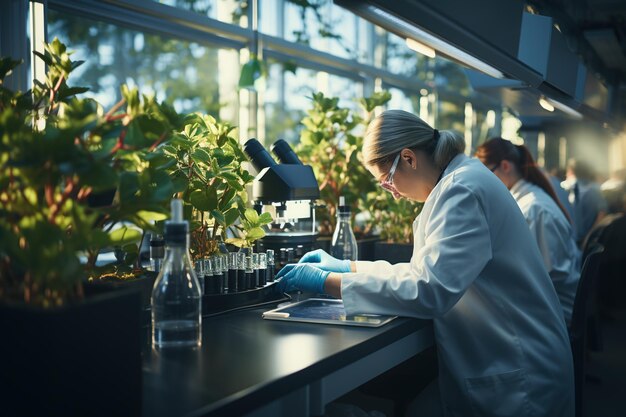 Young scientists conducting research investigations in a medical laboratory a researcher in the foreground is using a microscope Generated with AI