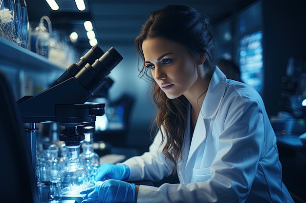 Young scientists conducting research investigations in a medical laboratory a researcher in the foreground is using a microscope at a modern office Generated with AI