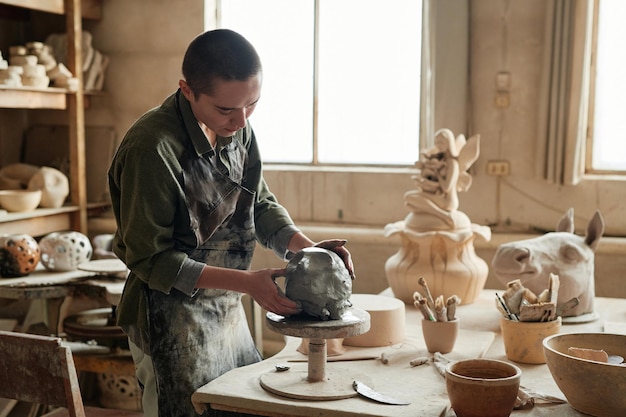 Young sculptor making form from the clay to make beautiful sculptures in workshop