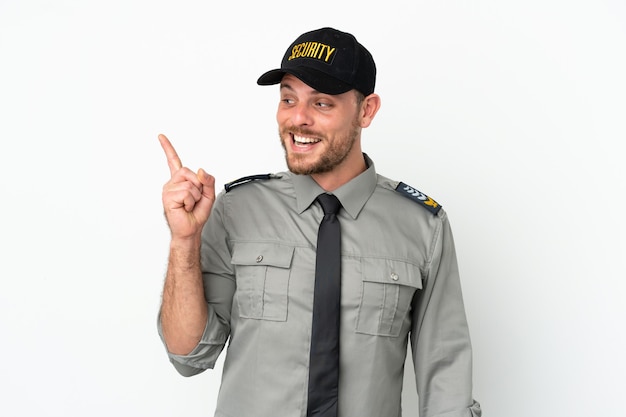 Young security Brazilian man isolated on white background intending to realizes the solution while lifting a finger up