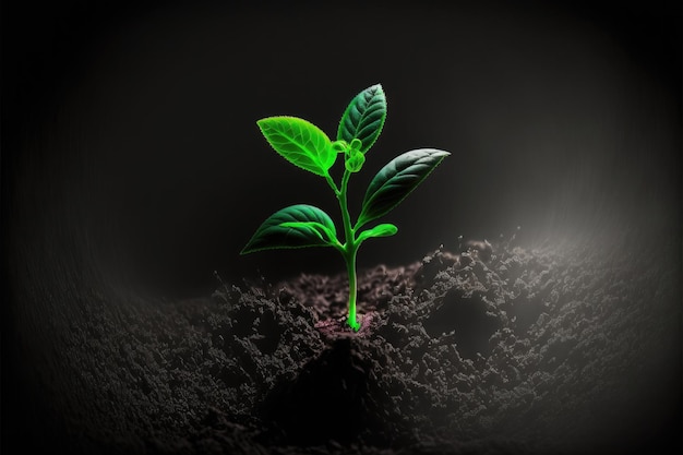 A young seedling just starting to sprout glow in the dark background