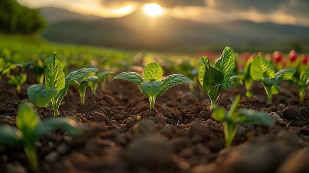 Young seedling plants grow in an open field in the sun