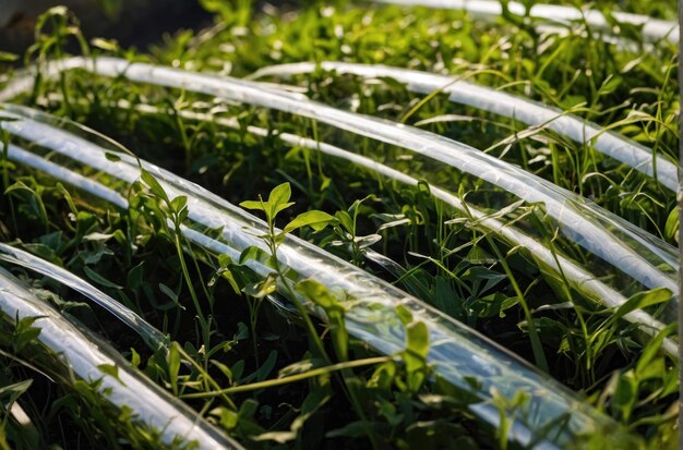 Photo young seedlings greenhouse growth