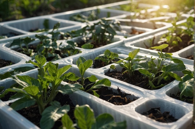 Photo young seedlings greenhouse growth