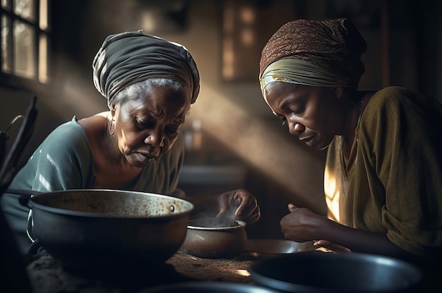 Young and senior African women cooking in kitchen Family female moment preparing culinary dishes Generate ai