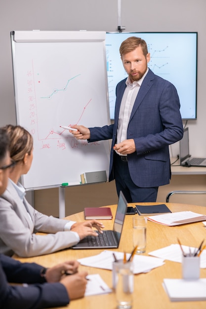 Young serious businessman pointing at graph on whiteboard