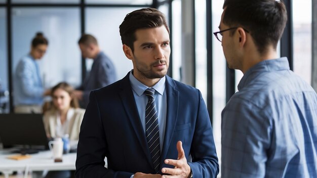 Young serious businessman talking to his male colleague in the office there are people working in t