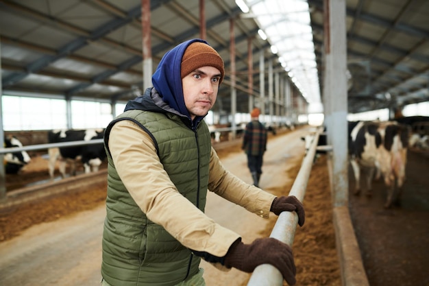 Young serious male worker of cowfarm holding by railings