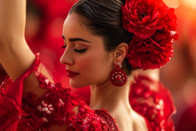 Foto giovane donna sivigliana con garofani nella sua acconciatura e vestito rosso che balla le sevillanas