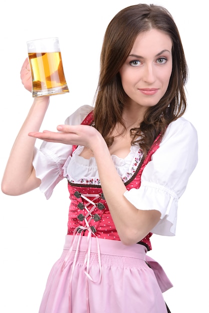 Young sexy girl in national dress with a glass beer.