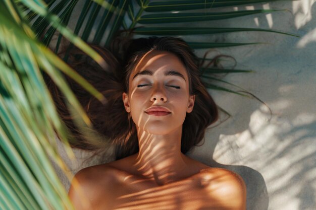 パームの木の下に横たわっている目を閉じたセクシーな若い女性パームの枝の下で日光浴をしている女性夏休みの砂浜でのリラックス日焼けした肌スリムな体