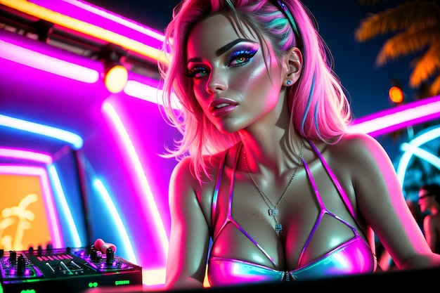 Young sexy woman with a pink swimsuit and a hat in neon lights the girl is posing in the night club neon lights in the background