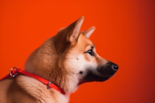 Young shiba inu for a walk with the owner red background head turned in profile orange leash