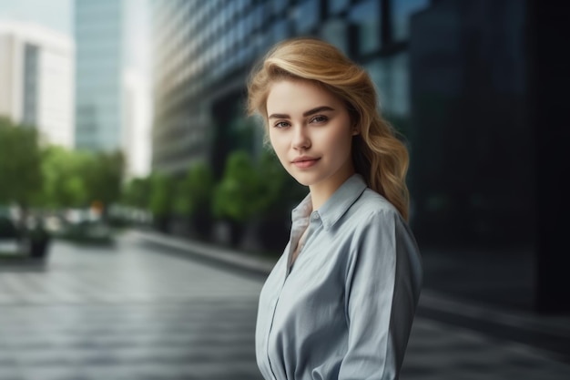 Young shy blonde girl in business attire standing in busy office Generative AI AIG20