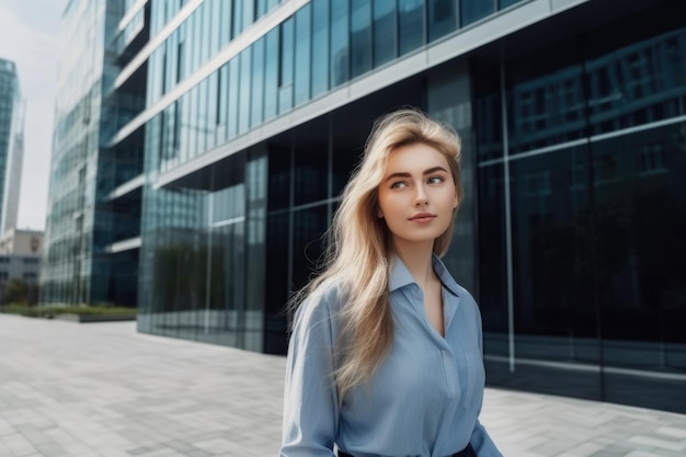 Photo young shy blonde girl in business attire standing in front of modern office building generative ai aig20