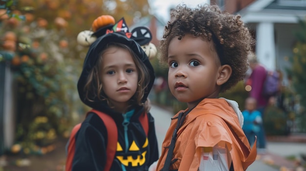 TrickorTreat中にハロウィーンの衣装を着た若い兄弟姉妹