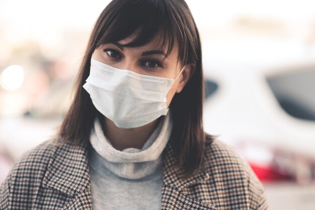 Young sick asian girl wearing medical mask outdoors