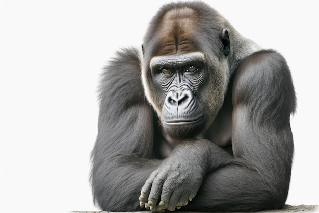 A young Silverback gorilla in front of a white background