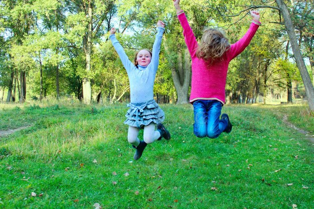 写真 幼い姉妹が公園でジャンプし 幸せな子供時代が空を飛んでいます