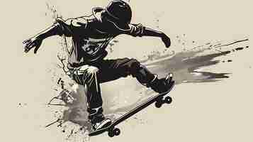 Photo young skateboarder jumping in the air doing an ollie black and white vector illustration with grunge background
