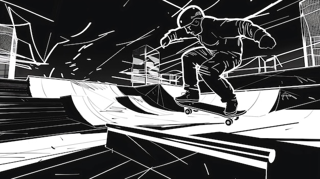 Young skateboarder rides on a rail in a skatepark Black and white vector illustration