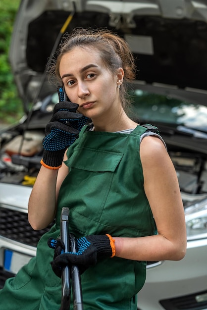 Young skilled specialist mechanic woman in overalls and tools in hands near broken car