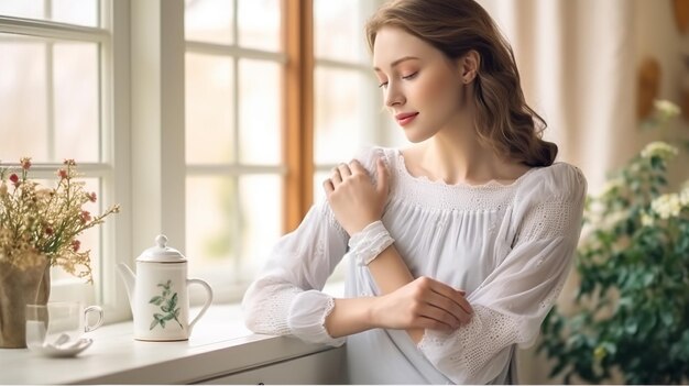 young skincare woman applying body lotion on arm