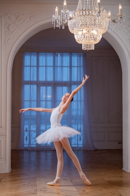 Young slender ballerina in a white tutu dances on pointe shoes in a spacious, bright room with large windows.