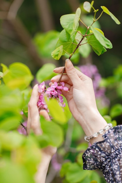 Young slim female touching holding tree blossom by hands wearing stylish clothes