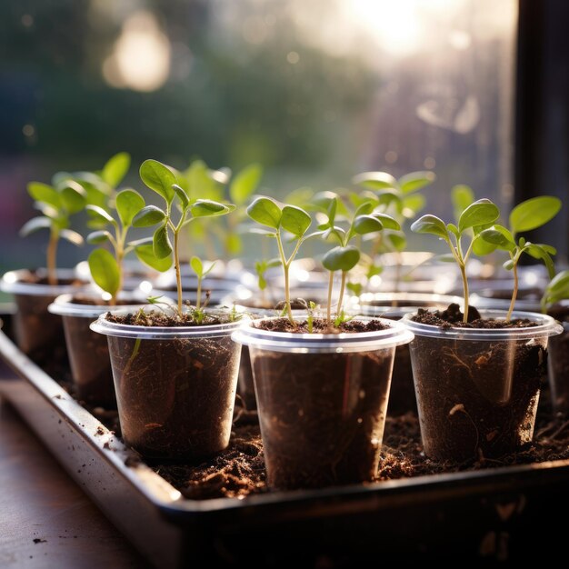 young small plants in pots on the window house plants Generative AI