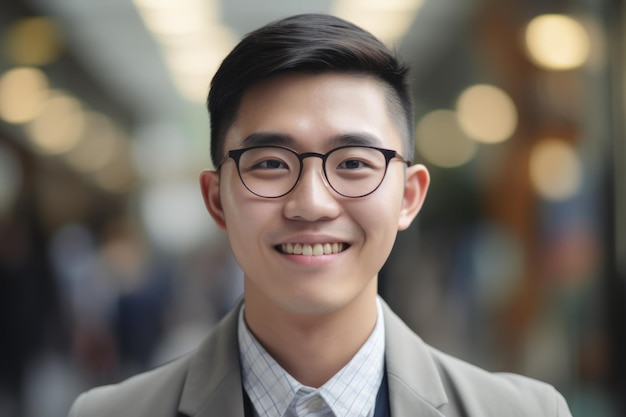 바쁜 사무실의 흐릿한 배경 속에 서 있는 젊은 스마트 아시아 사업가 웃는 얼굴 Generative AI AIG20