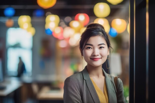 Young smart asian businesswoman smiling face standing in blur background of creative colorful office interior design Generative AI AIG20