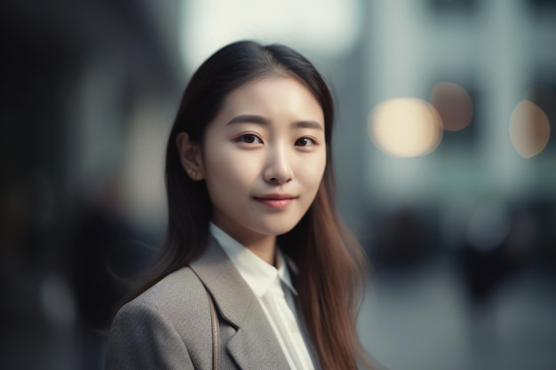 Young smart asian businesswoman smiling face standing in blur background of modern office building Generative AI AIG20