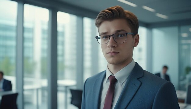 Young smart businessman standing in blur background of office