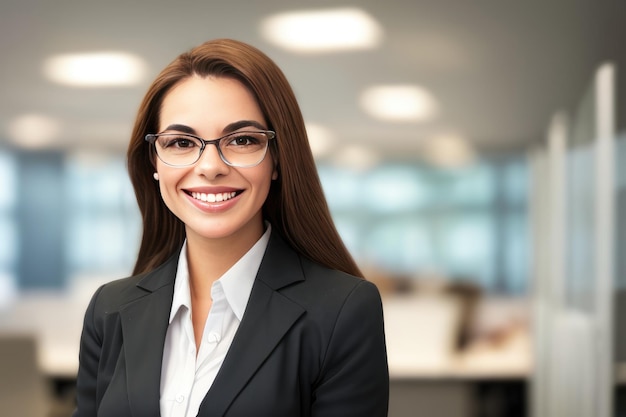 Young smart businesswoman standing in blur background of office generative AI