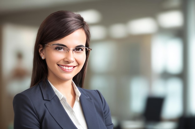 Young smart businesswoman standing in blur background of office generative AI