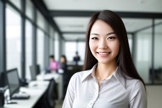 Young smart businesswoman standing in blur background of office generative AI