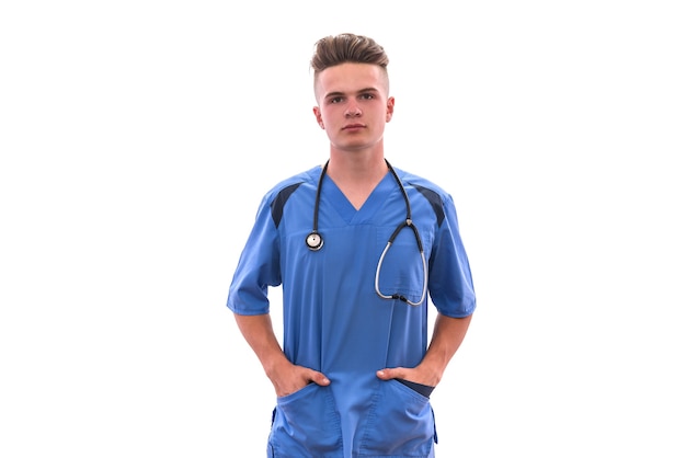 Young and smart doctor in medical uniform with stethoscope posing isolated on white.