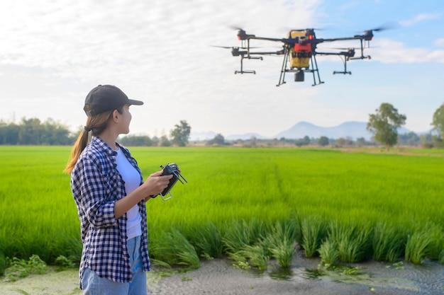 A young smart farmer controlling drone spraying fertilizer and pesticide over farmland