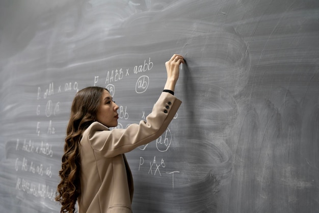 a young smart female teacher in university writing biology formulas on the huge blackboard