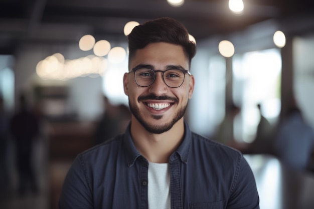 Young smart hispanic businessman smiling face standing in blur background of busy office Generative AI AIG20