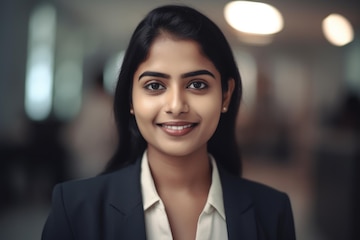 Young smart indian businesswoman smiling face standing in blur background of busy office Generative AI AIG20 | Premium AI-generated image