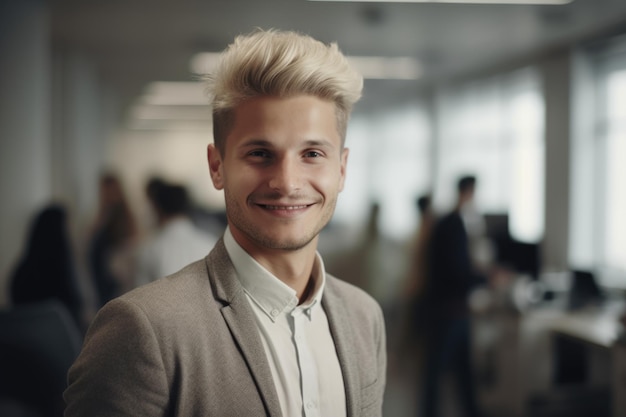 바쁜 사무실의 흐릿한 배경 속에 서 있는 젊은 스마트 스웨덴 사업가 웃는 얼굴 Generative AI AIG20