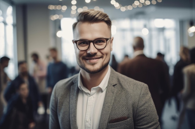 Young smart swedish businessman smiling face standing in blur background of busy office Generative AI AIG20