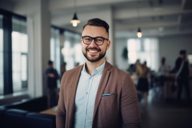 Young smart swedish businessman smiling face standing in blur background of creative colorful office interior design Generative AI AIG20