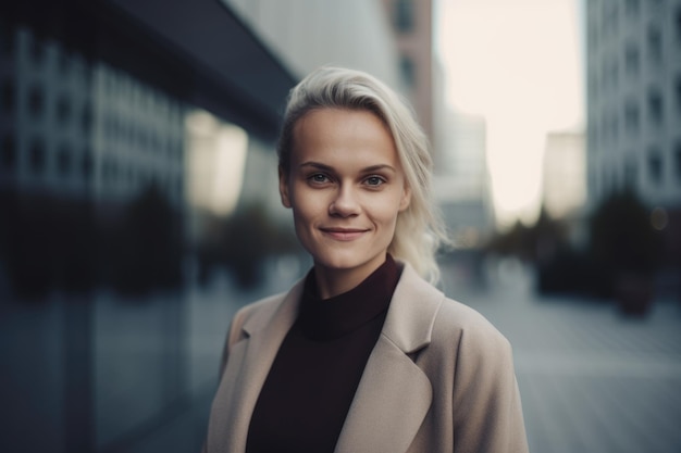 Young smart swedish businesswoman smiling face standing in blur background of modern office building Generative AI AIG20