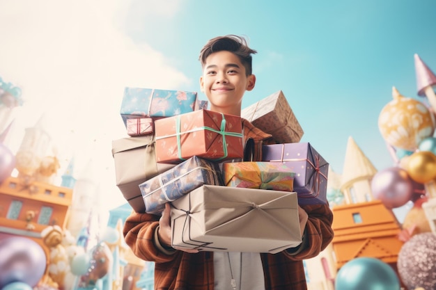 Young smiley asian boy carries lots of gifts wrapped presents or boxes on fabulos background
