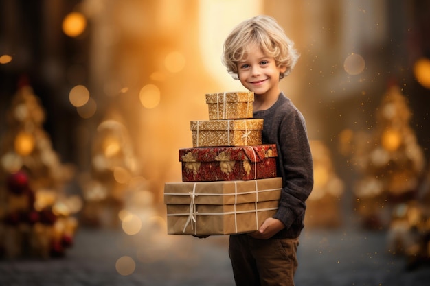 Young smiley european boy carries lots of gifts wrapped presents or boxes on christmas street