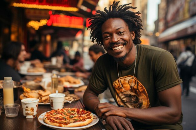 Young smiling Africa American man eats a pizza at restaurant patio Fast food concept